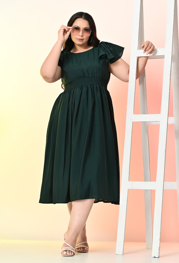 Plus Size Bottle Green Smocked Midi Dress