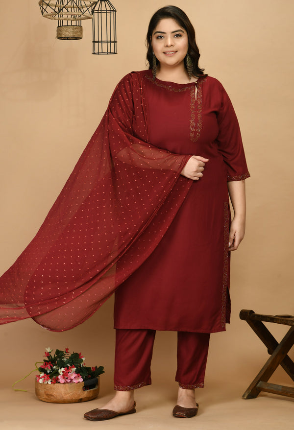 Plus Size Live Maroon Kurta Pant Set with Dupatta