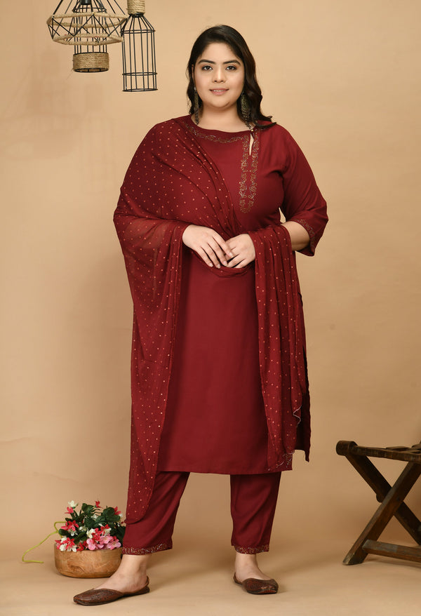 Plus Size Live Maroon Kurta Pant Set with Dupatta