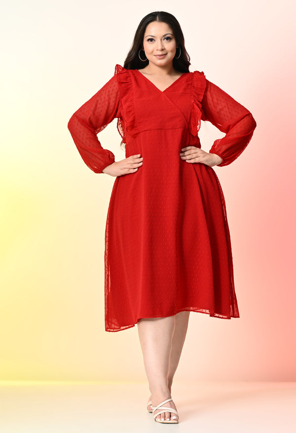 Plus Size Red Frill Georgette Midi Dress