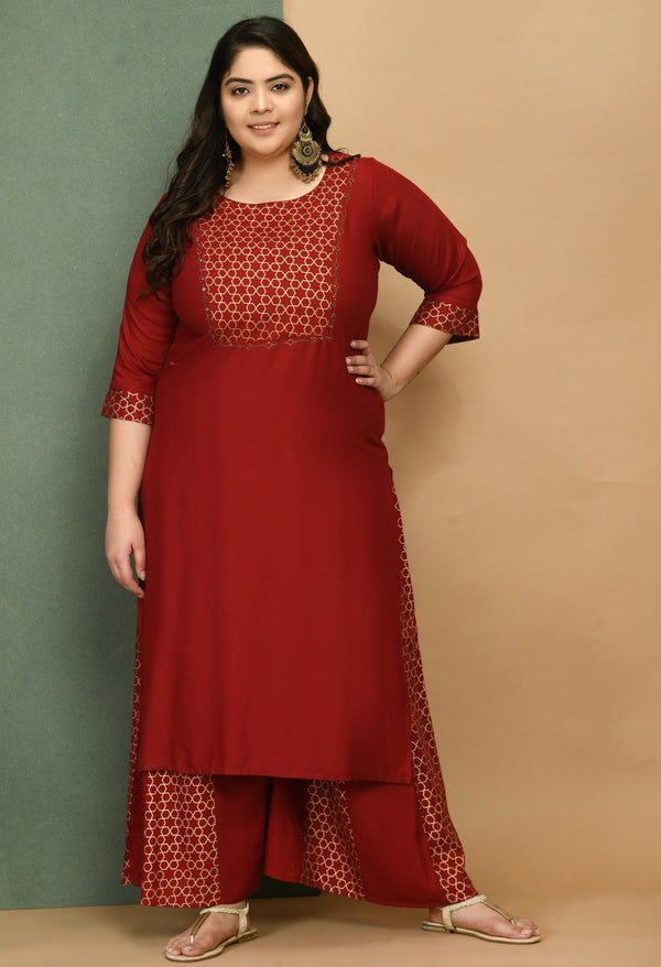 Plus Size Embellished Maroon & Gold Kurta Sharara Set