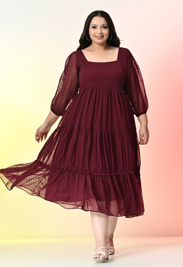 Plus Size Wine Tiered Georgette Midi Dress