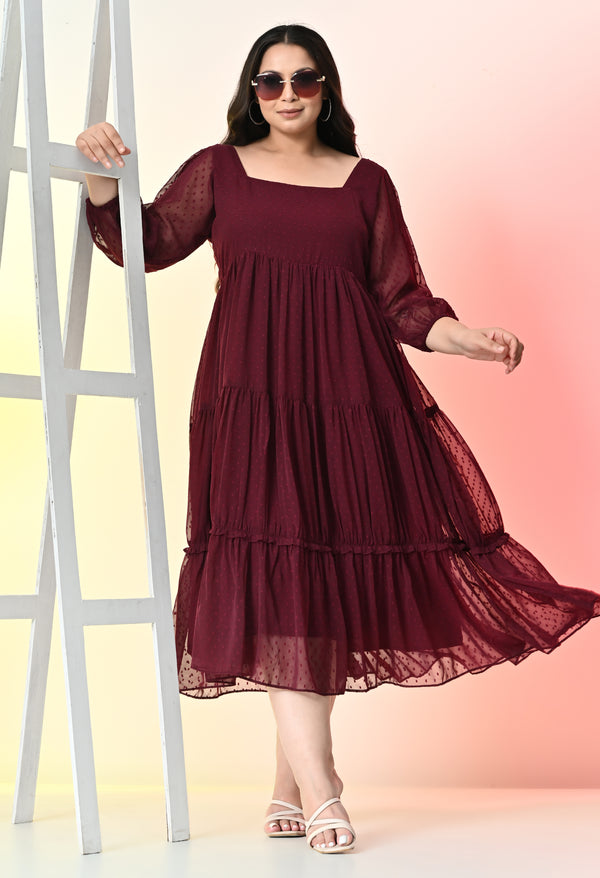 Plus Size Wine Tiered Georgette Midi Dress