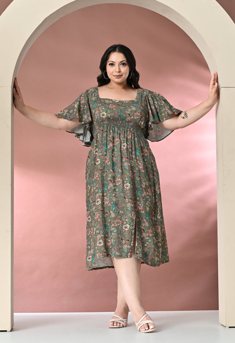 Plus Size Green Floral Rayon Dress