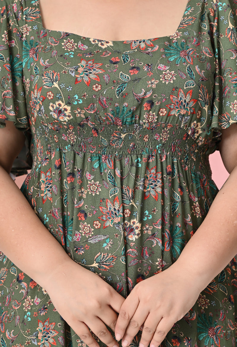 Plus Size Green Floral Rayon Dress