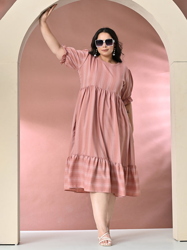 Plus Size Peach Striped Midi Dress