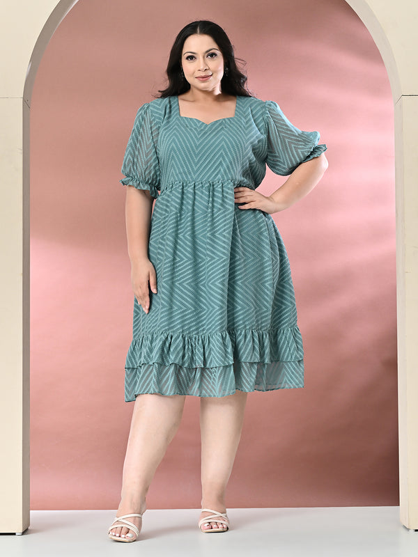 Plus Size Sea Green Chevron Georgette Dress