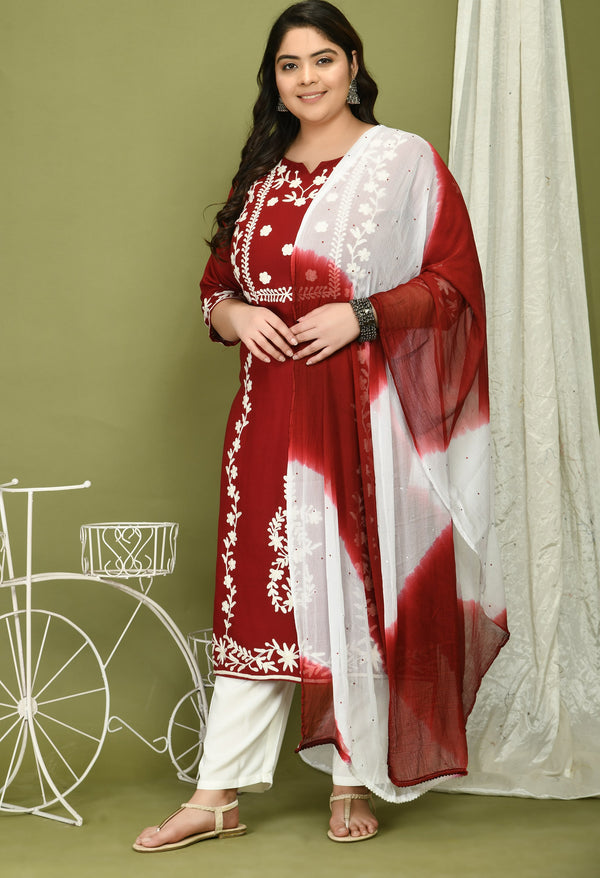 Plus Size Poetic Maroon Embroidered Kurta Pant Set with Dupatta