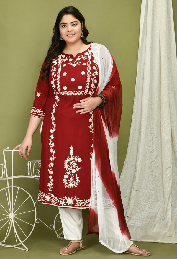 Plus Size Poetic Maroon Embroidered Kurta Pant Set with Dupatta