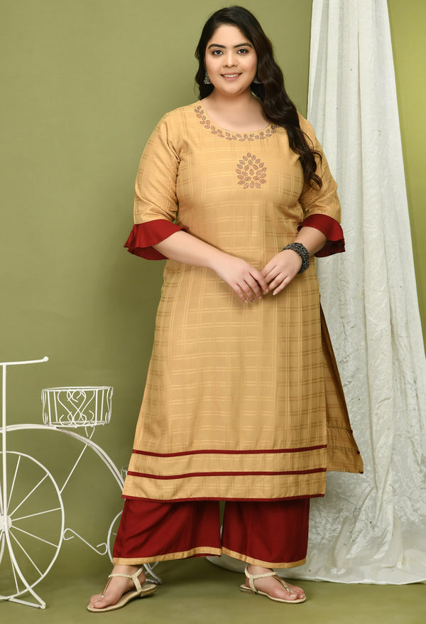 Plus Size Self Design Beige Kurta Palazzo Set