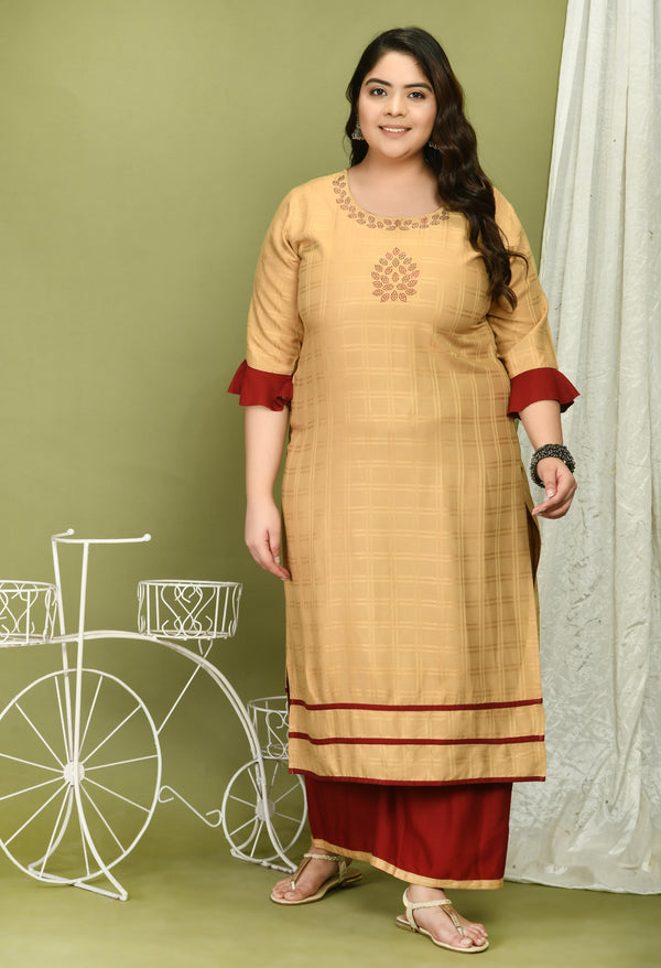 Plus Size Self Design Beige Kurta Palazzo Set