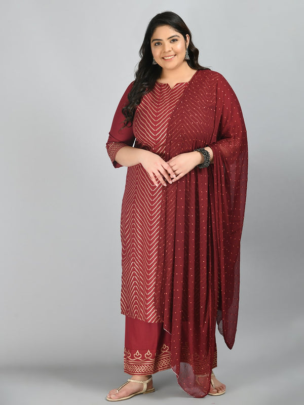 Plus Size Gorgeous Maroon and Gold Printed Kurta Palazzo Set with Dupatta