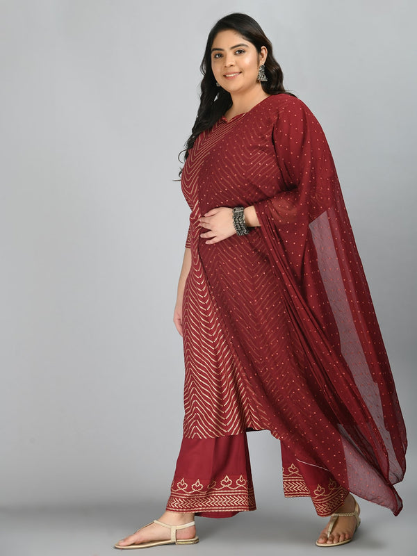 Plus Size Gorgeous Maroon and Gold Printed Kurta Palazzo Set with Dupatta