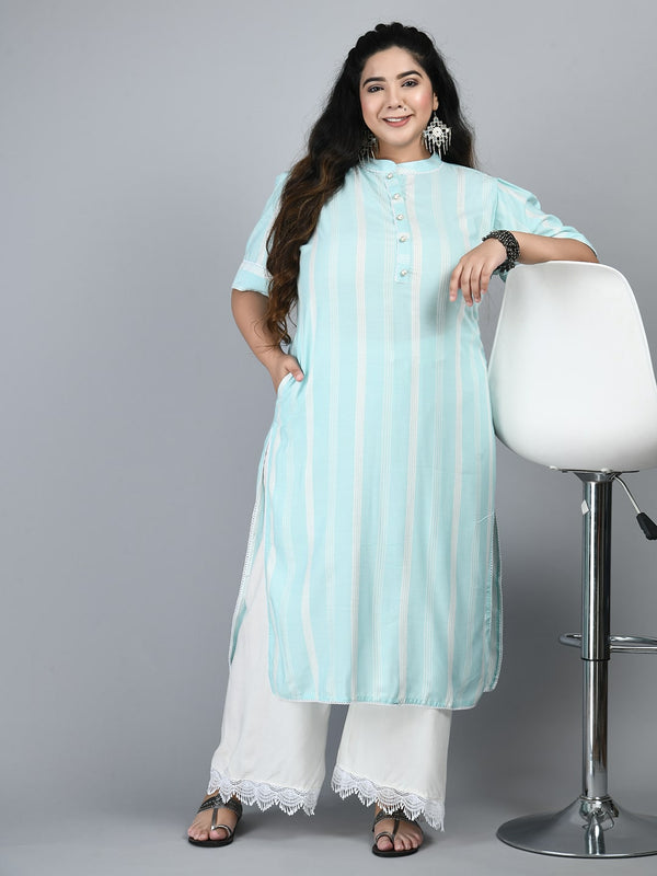 Plus Size Plus Size Striped Sea Green Kurta