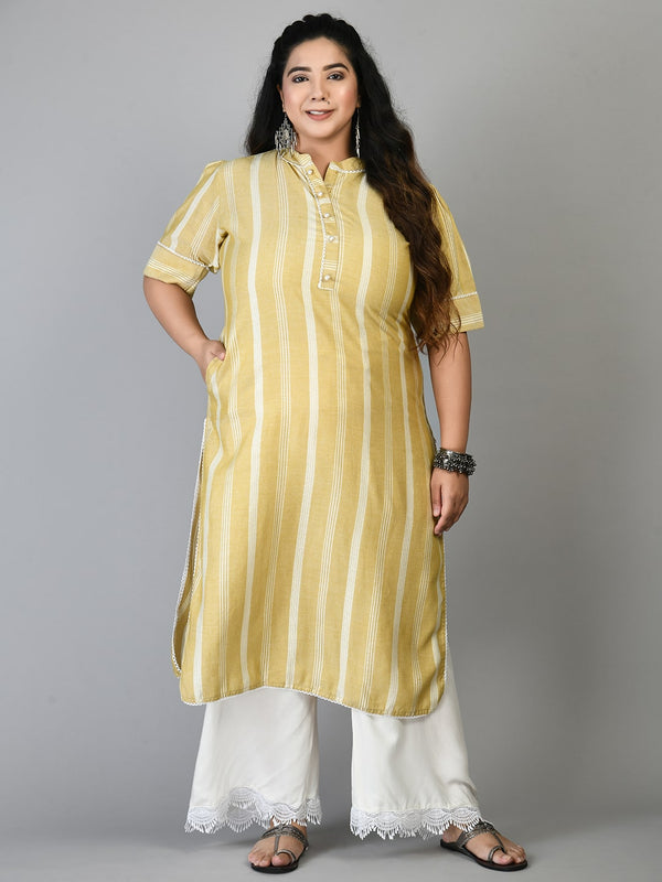 Plus Size Light Mustard Striped Kurta Palazzo Set