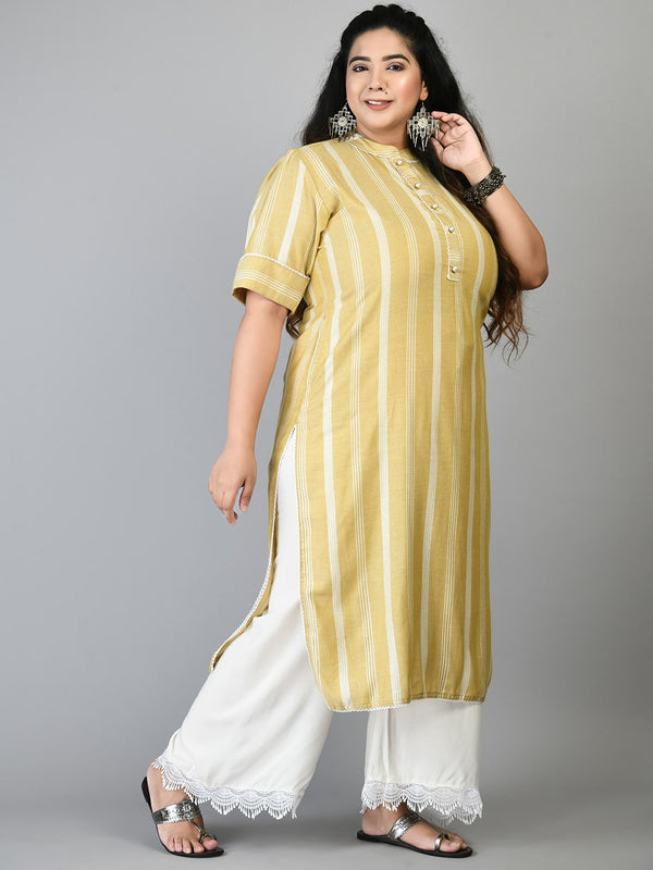 Plus Size Light Mustard Striped Kurta Palazzo Set