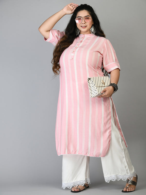 Plus Size Rayon Pink Striped Kurta Palazzo Set