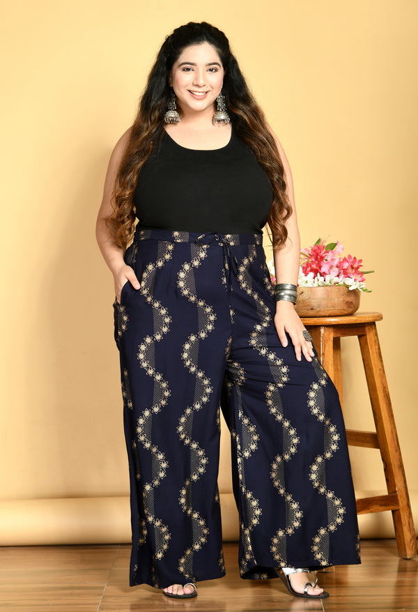 Plus Size Plus Size Navy Blue Floral Gold Printed Palazzos