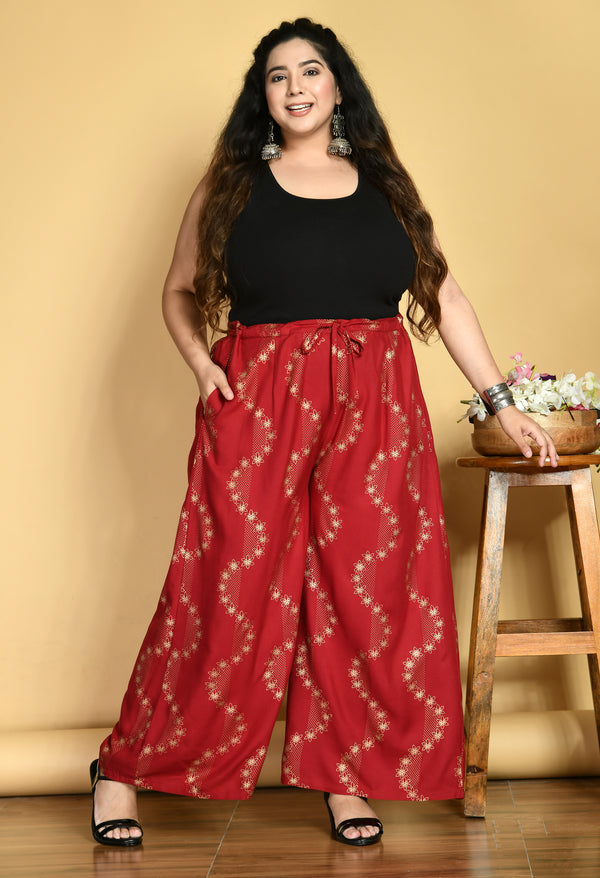 Plus Size Plus Size Red Floral Gold Printed Palazzos