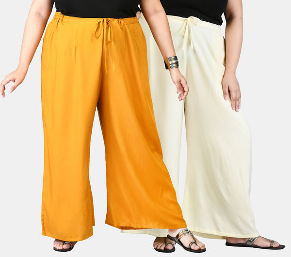 Plus Size Mustard & Off White Plain Palazzos