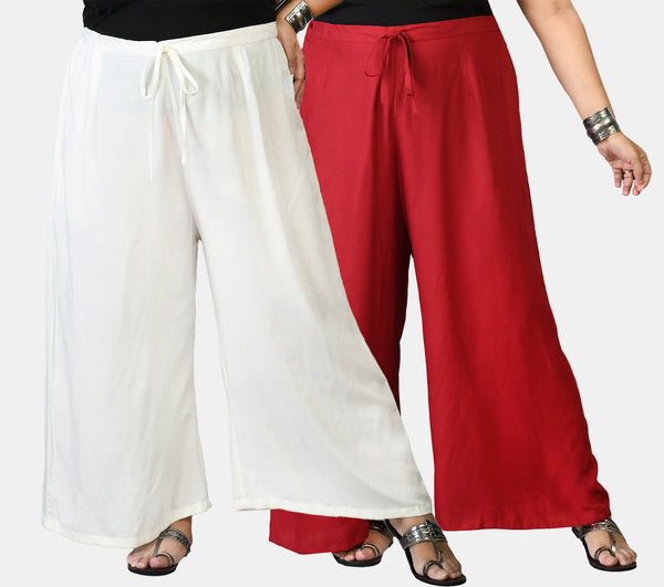 Plus Size White & Maroon Plain Palazzos