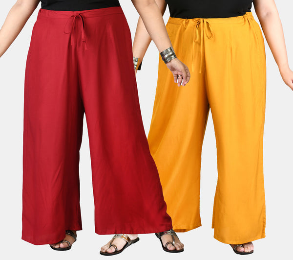 Plus Size Maroon & Mustard Plain Palazzos