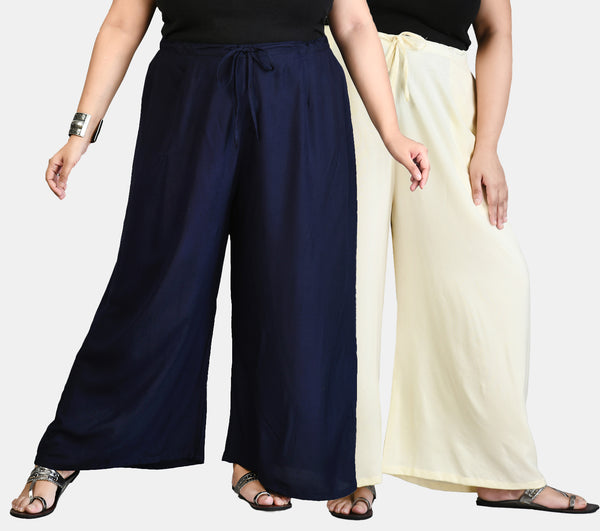 Plus Size Navy Blue & Off White Plain Palazzos