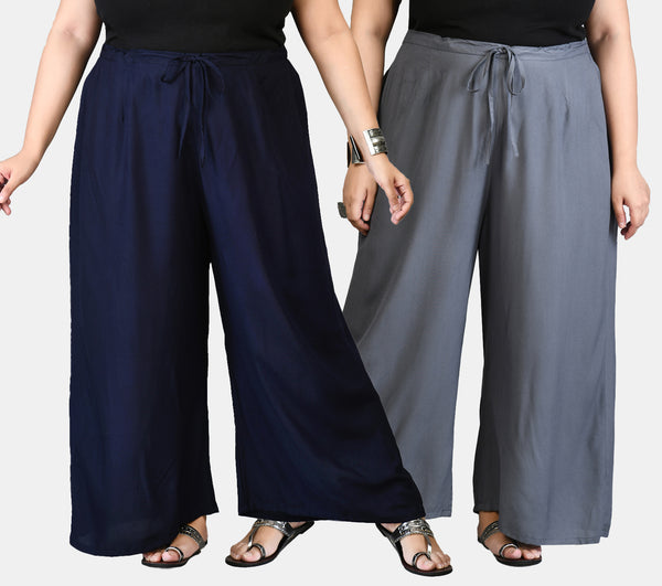 Plus Size Navy Blue & Grey Plain Palazzos