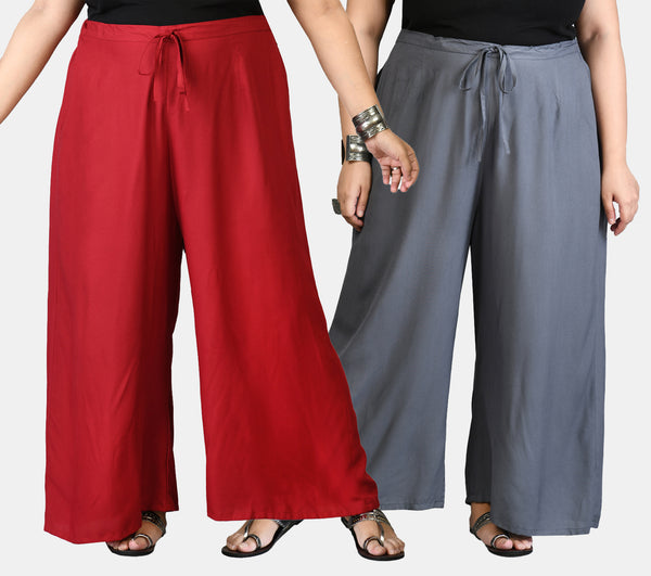 Plus Size Maroon & Grey Plain Palazzos