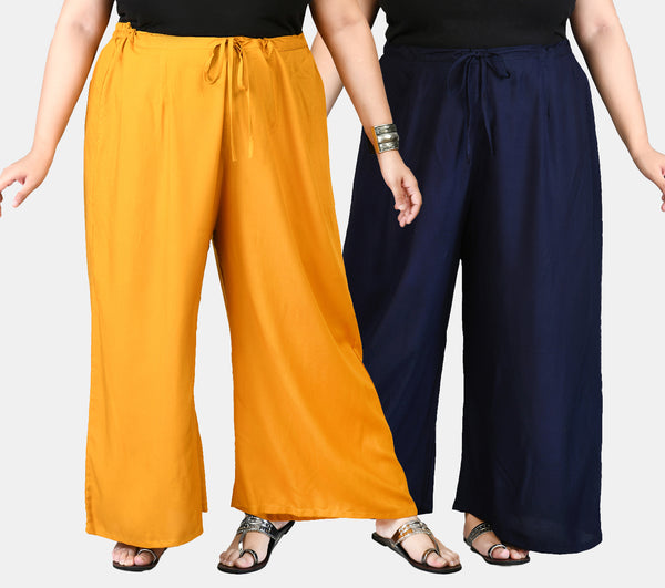 Plus Size Mustard & Navy Blue Palazzos