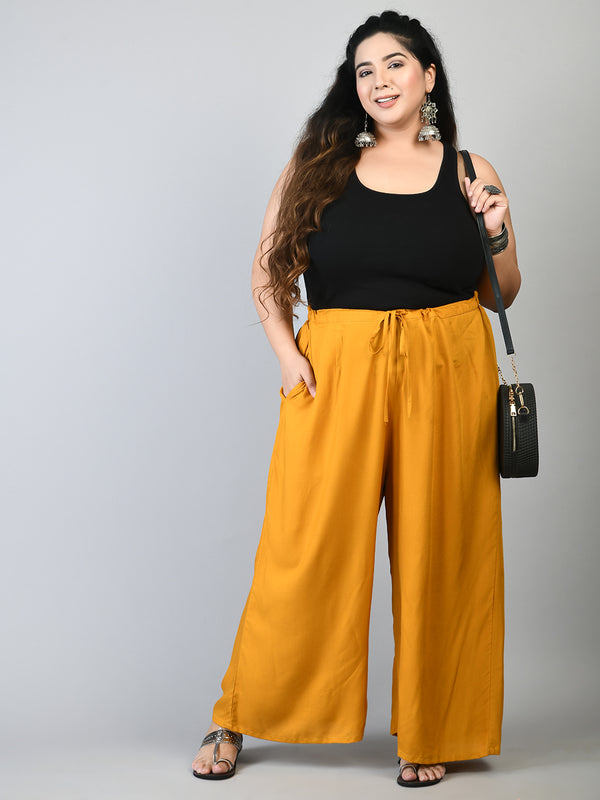 Plus Size Black & Mustard Plain Palazzos