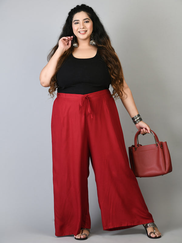 Plus Size Maroon & Mustard Plain Palazzos