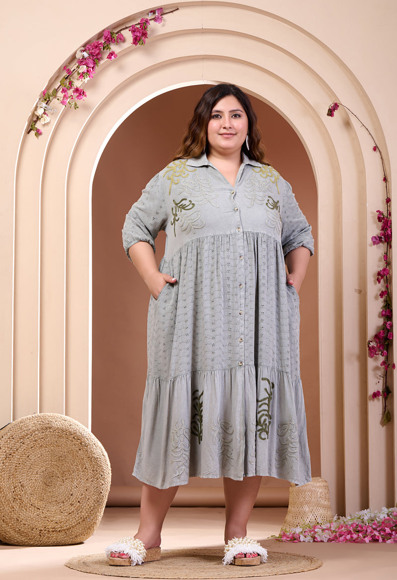 Plus Size Grey Embroidered Dress