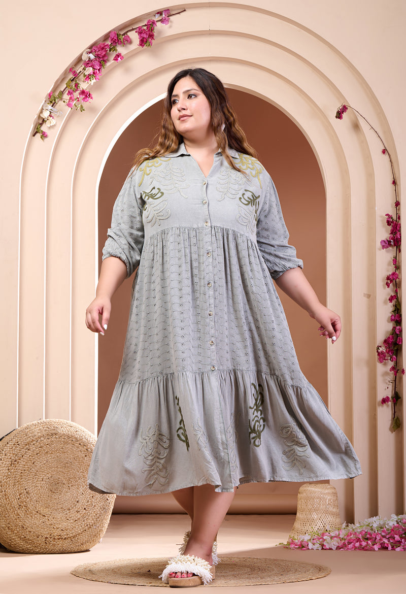 Plus Size Grey Embroidered Dress