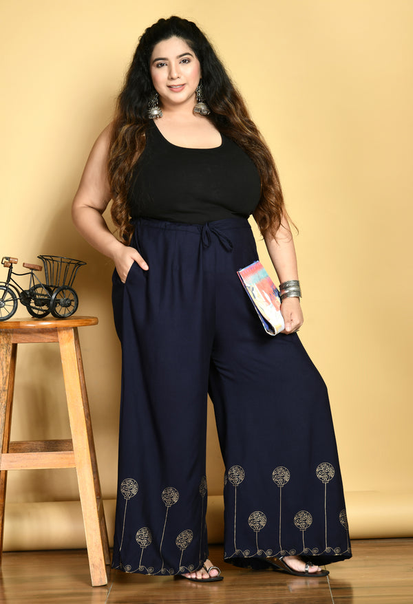 Plus Size Plus Size Navy Gold Printed Palazzos