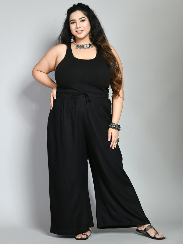 Plus Size Black & White Plain Palazzos