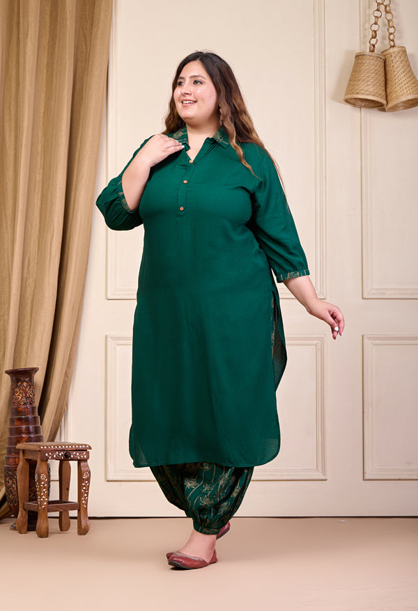 Plus Size Bottle Green Rayon Kurta Set with Harem Pants