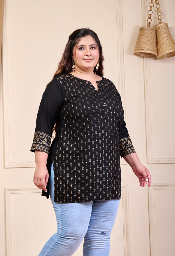 Plus Size Black Gold Printed Rayon Kurta