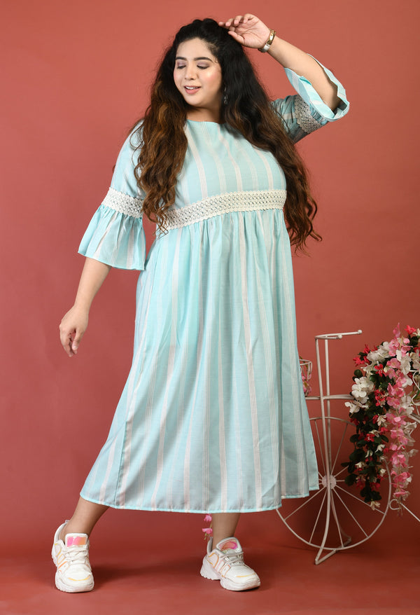 Plus Size Plus Size Sea Green Striped Lace Dress