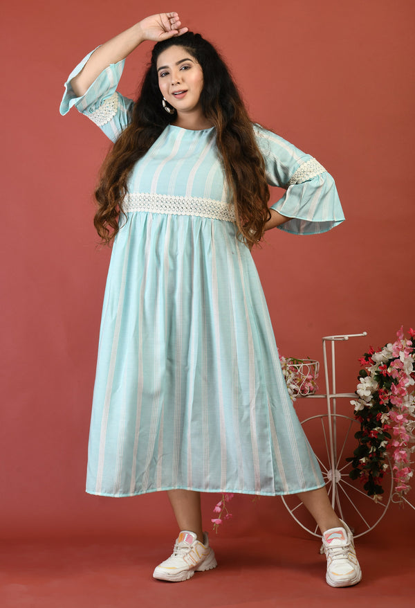 Plus Size Plus Size Sea Green Striped Lace Dress