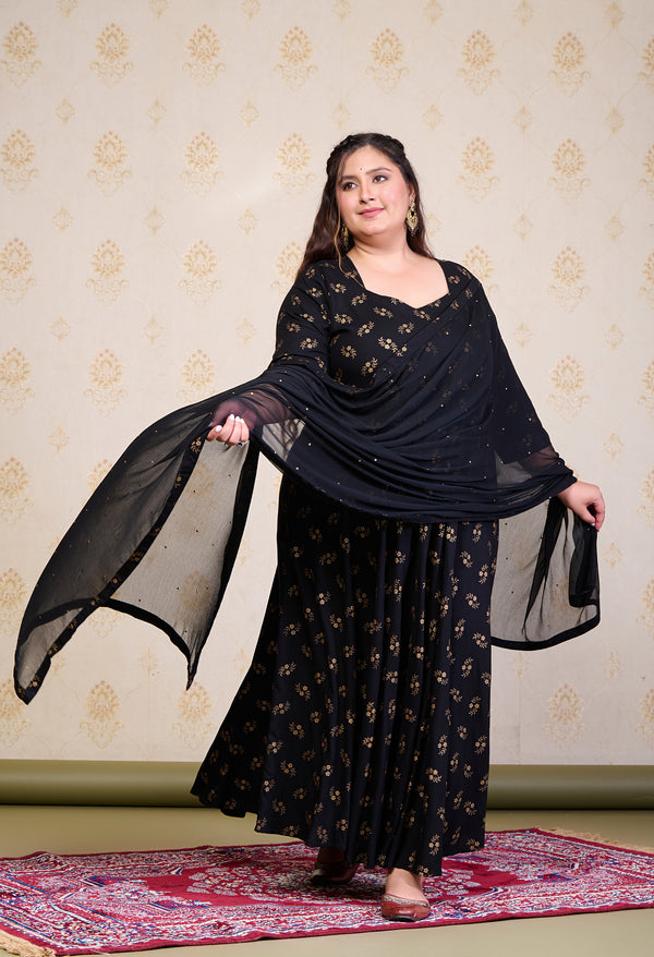 Plus Size Black Gold Printed Anarkali with Dupatta