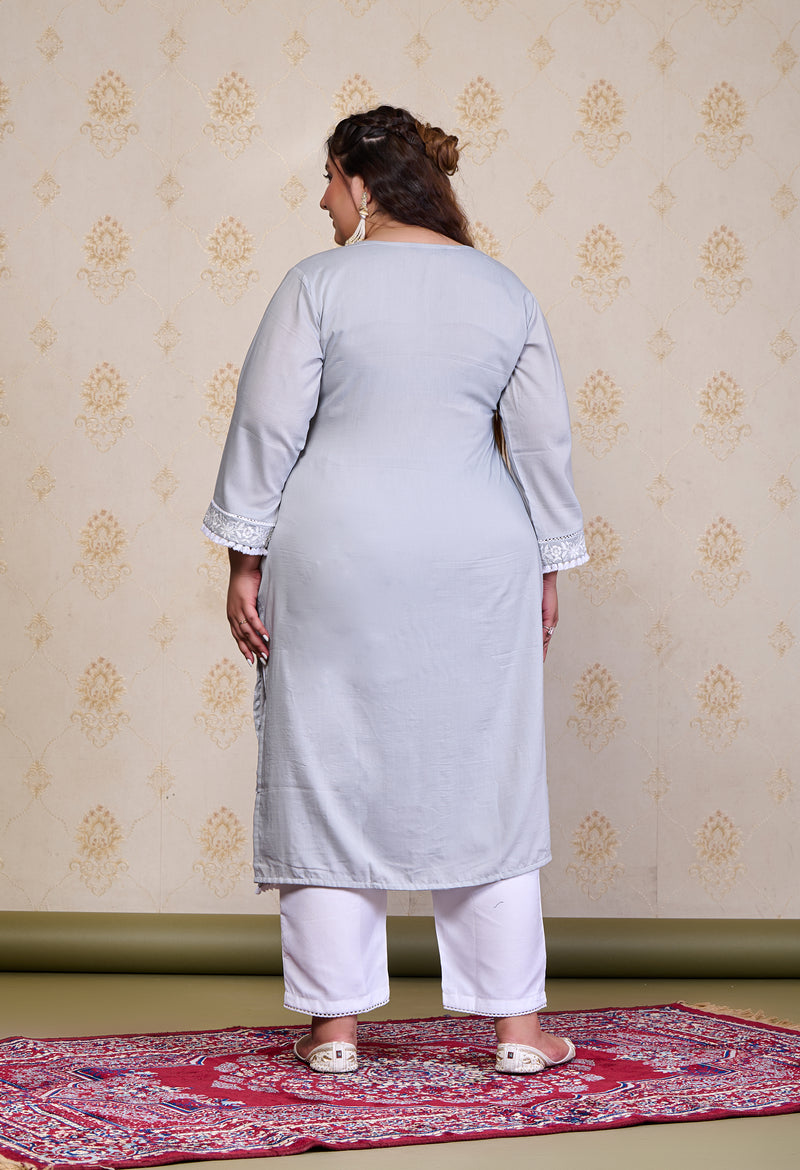 Plus Size Grey Embroidered Kurta Pant Set