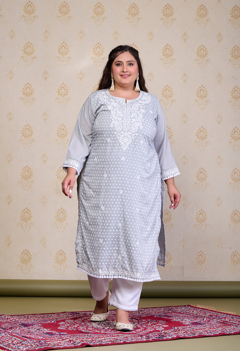 Plus Size Grey Embroidered Kurta Pant Set