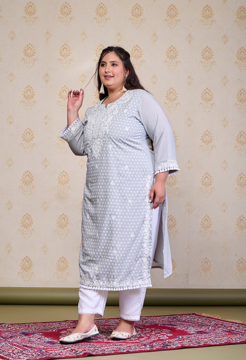 Plus Size Grey Embroidered Kurta Pant Set