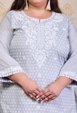 Plus Size Grey Embroidered Kurta Pant Set