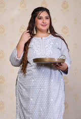 Plus Size Grey Embroidered Kurta Pant Set