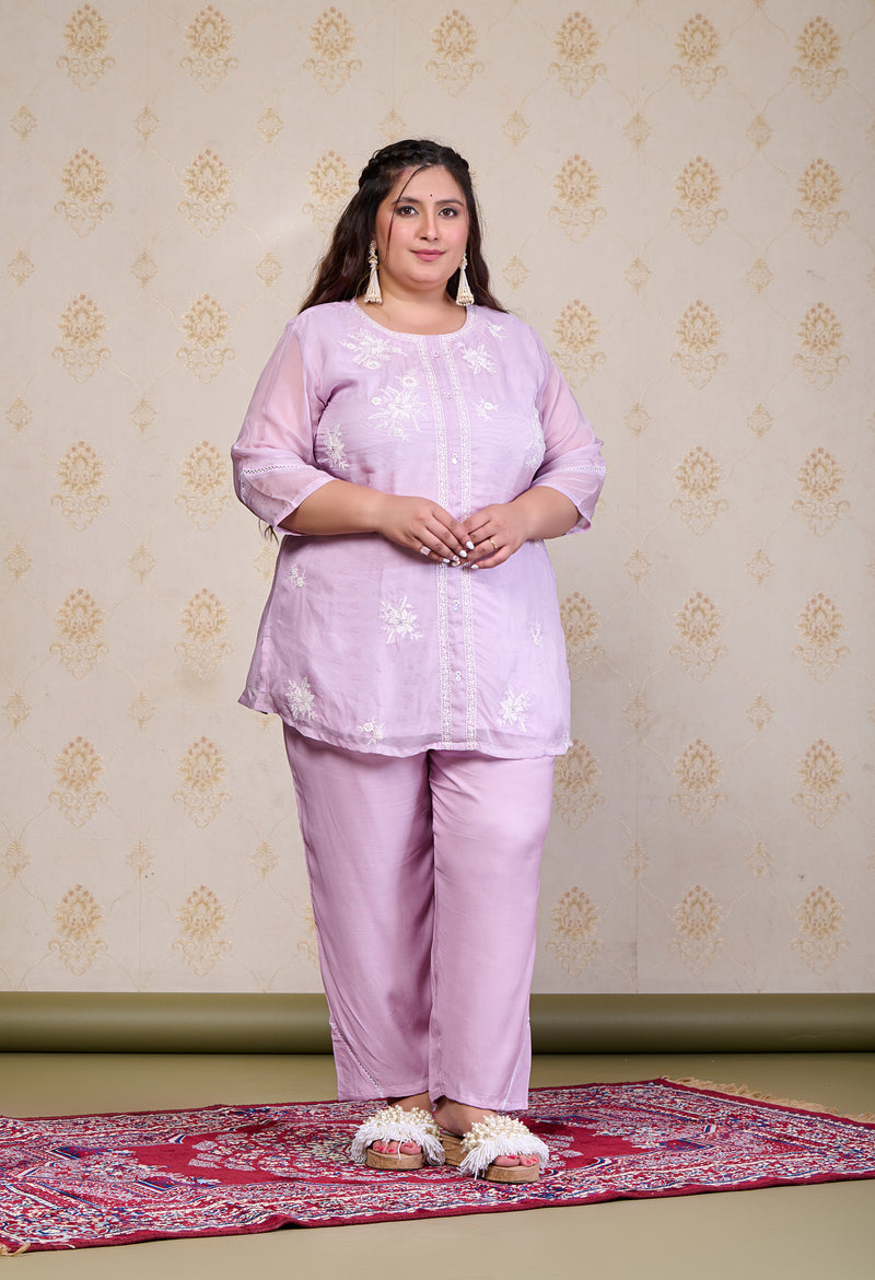 Plus Size Light Lavender Embroidered Co-ord Set