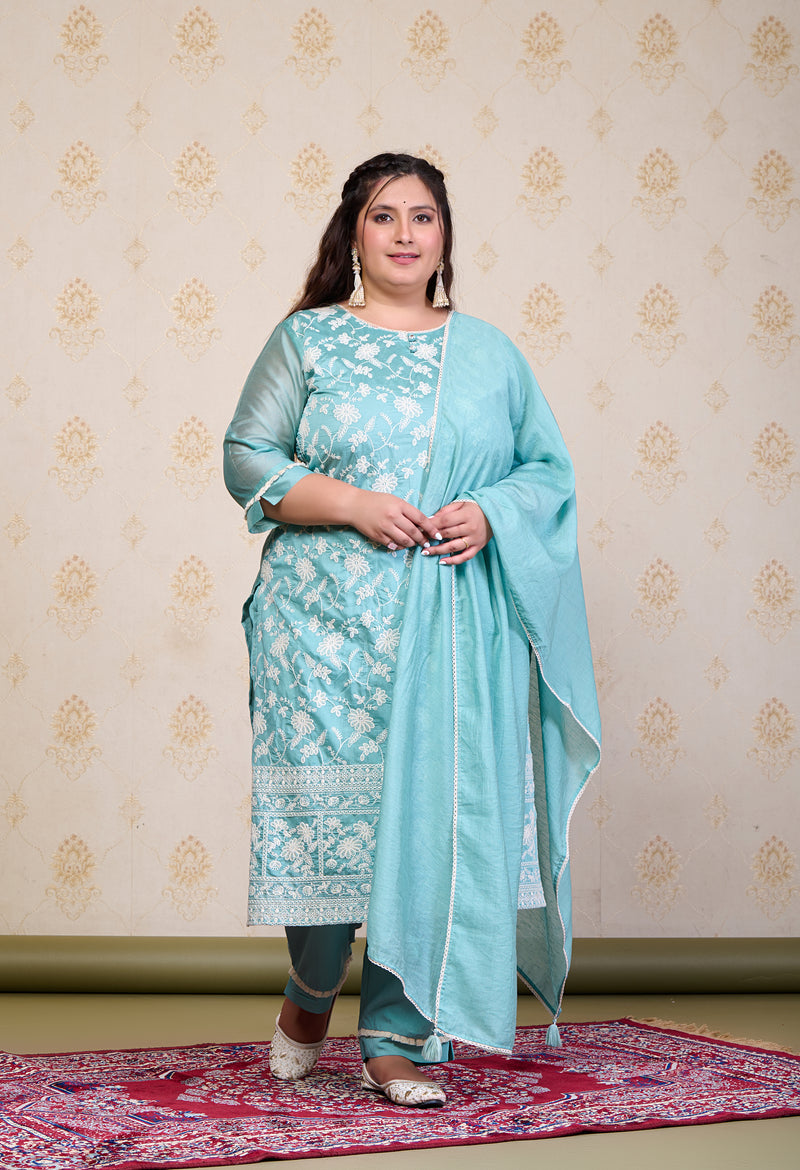 Plus Size Turquoise Embroidered Suit Set with Dupatta