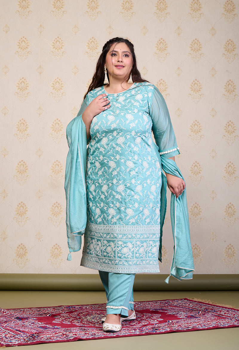 Plus Size Turquoise Embroidered Suit Set with Dupatta