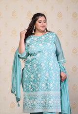 Plus Size Turquoise Embroidered Suit Set with Dupatta